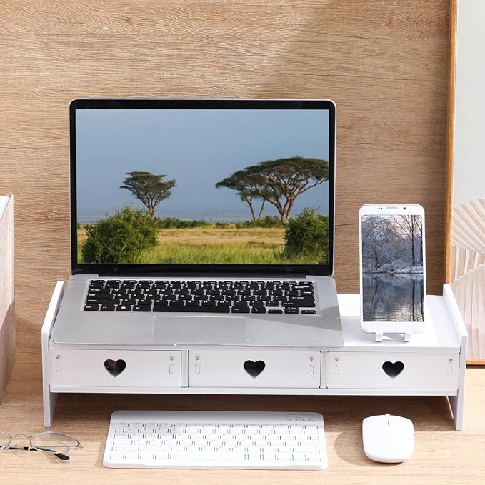 Tofficu Computer Monitor Riser with Drawer White Desk Shelf for Monitor and Keyboard Storage Rack Office Desk Organizer for Laptop Stand Riser for Home Office