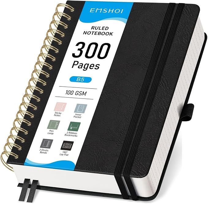 EMSHOI Lined Spiral Journal Notebook, 300 Numbered Pages, B5 (7.4"x10") | College Ruled, Leather Hardcover, 100 GSM Thick Paper, for School, Writing, Work, Office & Journaling (Black)