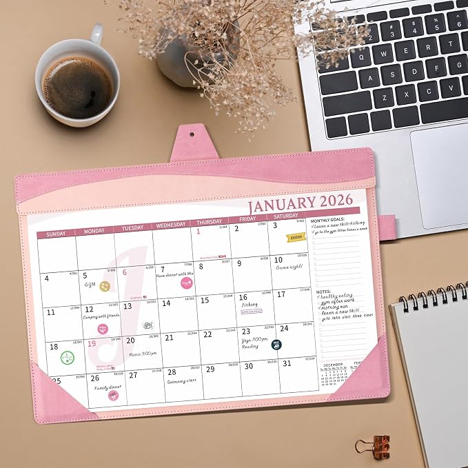 Ospelelf Desk Calendar Refill 2026-2027 Large 10"x16" Monthly Planner with Protective Cover 18 Months January 2026 - June 2027 Pink