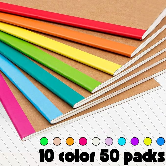 50 Pack A5 Lined Kraft Notebook Journals 8.3x5.5 In，Travel Journals Notebooks Bulk，Subject Notebooks 30 Sheets 60 Pages for Writing School Office Supplies (Multicolor Lined-50 Pack)