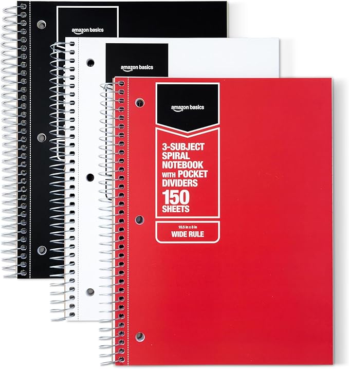 Amazon Basics Wide Ruled 3-Subject Spiral Notebooks with Pocket Dividers, 150 Sheets, 10.5" x 8", Assorted Primary Colors, 3-Pack