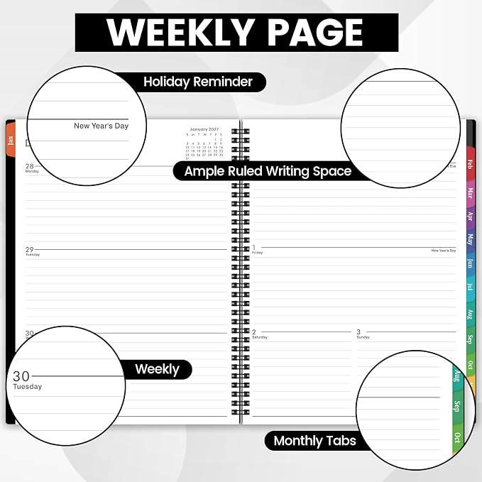 2027 Planner - 2027 Weekly and Monthly Planner | Jan. 2027 - Dec. 2027, 9” x 11”, Planner for Women Men with Twin-Wire Binding, 12 Colorful Tabs, Pocket, Holidays - Black