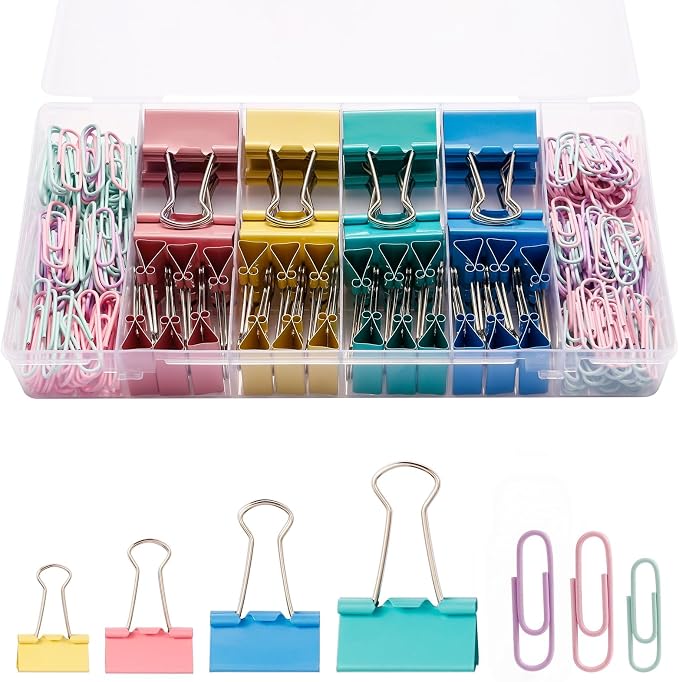 260PCS Colored Assorted Size Paper Clips and Binder Clips, Paperclips Large Medium Small, Binder Clip and Paper Clip Set for Home, School, and Office Supplies in a Container with Compartments