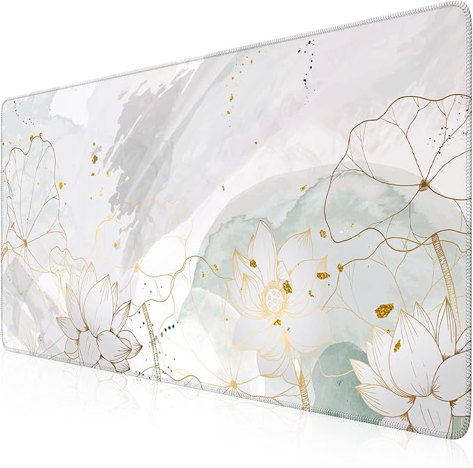iCasso Desk Cover Mat, Extra Large Lotus Mouse Pad, Desk Pad Mat,Office Matt for Desktop Protector, Anti-Slip XXL Big Mousepad with Stitched Edges for Laptop Computer Keyboard(Green Lotus Leaf)