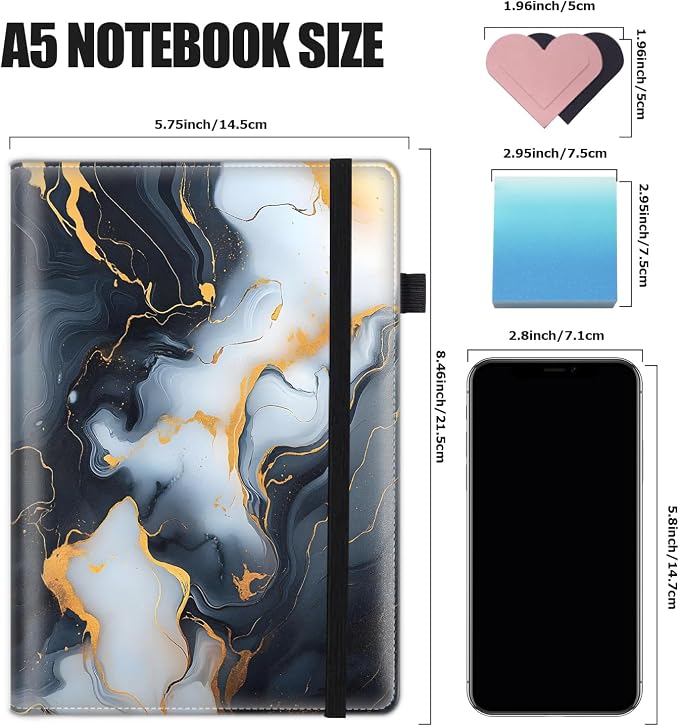 Hardcover Executive Notebooks, A5 PU Leather Lined Journal Notebook, 200 Pages Thick Paper Subject Notebooks for School,Work,Home Writing Business Notebook, Diary Book ，Black White Gilded Marble