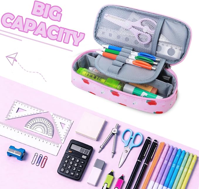 RHCPFOVR Kids Pencil Case for Girls-Soft Zipper Large Capacity Pencil Pouch for Girls Pencil Case for School Pencil Bag for Toddler (Pink Strawberry)
