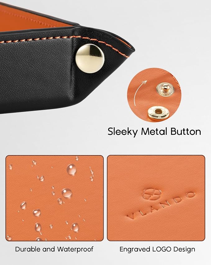 VLANDO Valet Tray, Foldable PU Leather Catchall Tray, Orange Black | Travel Valet Tray for Keys, Wallet, Watch, Phone and Glasses, Nightstand Dresser Desk Entryway Organizer for Men and Women