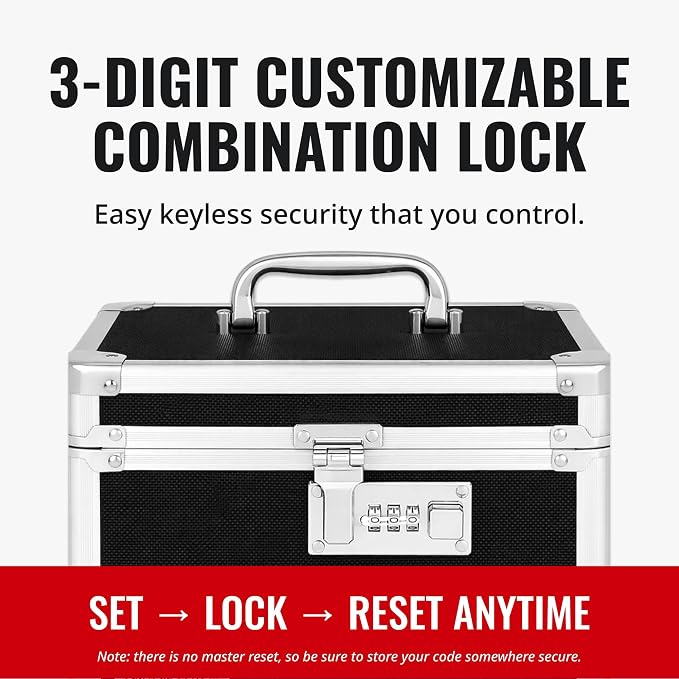Vaultz Secure Security Lock Boxes - Safe Combination Lock Box, Storage for Documents, Valuables, Medicine & Money - 9.88 x 7.75 x 7 Inch - Black/Chrome | Lockable design with reinforced chrome-steel corners, combination-lock case, non-slip rubber feet,...