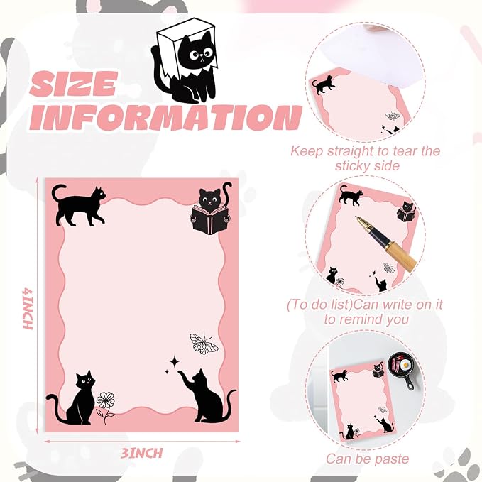 Chiisong 12 Pads Black Cat Sticky Notes 3x4 Inch Cat Notepad Cute Self Stick Notepads Funny Adhesive Memo Pad Office Decor Gifts for Animal Lover Gift Meeting Office Christmas Supplies