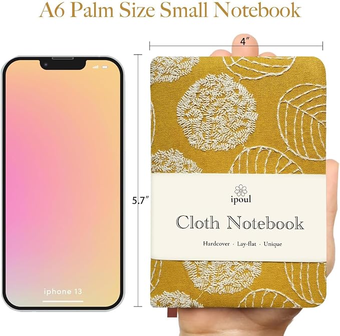 A6 Notebook, Pocket Journal, Embroidered Journal for Girl, Small Fabric Notebook, Lay Flat Hardcover Journal, 4x6 Lined Notebook & Sketchbook, Cute Diary, Writing Journal for Women, Yellow
