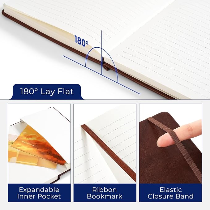 Hardcover Executive Notebooks 6 Pack, A5 Lined Journals with PU Leather Cover, 200 Pages 100 GSM Paper, Pocket, Bookmark & Strap for Office, Meetings & Everyday Writing