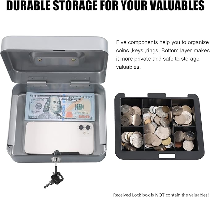 KYODOLED Medium Cash Box with Money Tray,Small Safe Lock Box with Key,Cash Drawer,7.87"x 6.30"x 3.54" Lightgrey Medium