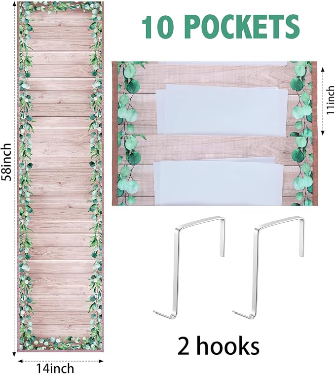 MotiMind Green Leaves 10 Pockets Wall Hanging File Folders File Storage Pocket Chart for Classroom Hanging Wall Organizer with 2 over The Door Hangers, 58" x 14" for School Classroom Office Home