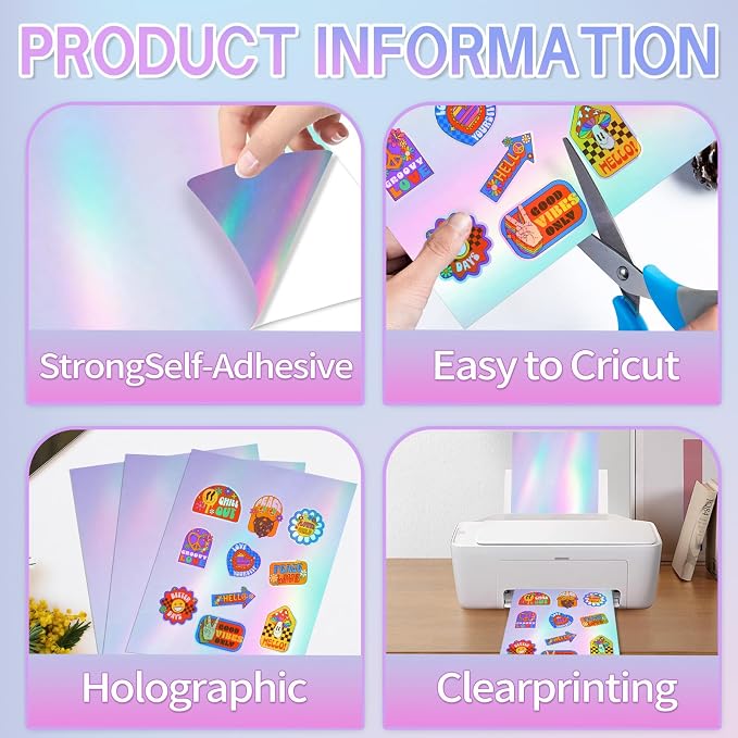 STARLIBOO 25 Sheets Holographic Sticker Paper, Diamond Pattern Printable Vinyl for Inkjet & Laser Printer, Laser Beam Effect, Dries Quickly (8.5" x 11")