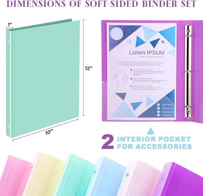 Fulmoon 6 Pack Plastic 3 Ring Binder Assorted Colors Economy Flexible Round Ring Presentation Binders with Pocket for Office School Meeting(1 Inch,Pastel Colors)