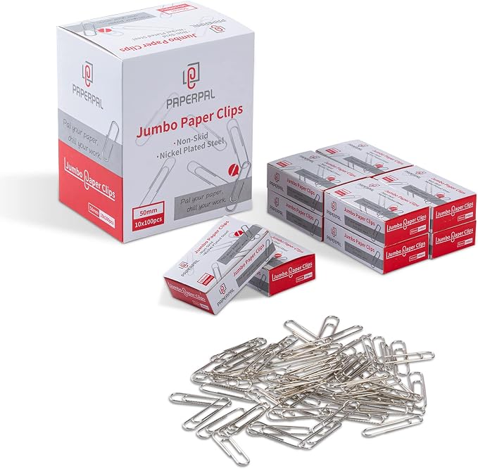 PAPERPAL Paperclips for Office School & Personal Use, Jumbo Nonskid Paper Clip (2"), 1000 Large Paper Clips (10 Boxes of 100 Each), Silver | Value bulk pack of 1,000 large non-skid paper clips for offices, schools and businesses, packed in 10 boxes of ...