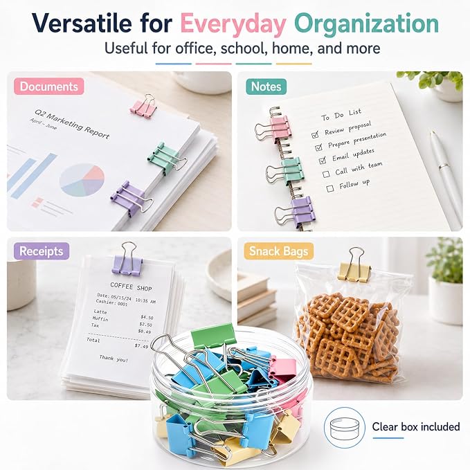Binder Clips Assorted Sizes, Durable Metal Binder Clips for Office, Cute Desk Supplies for Teachers Student (60, Colorful)