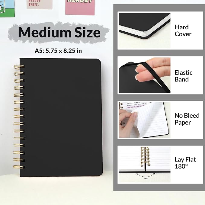 SUNEE Lined Spiral Journal Notebook for Women, 146 Pages College Ruled Hardcover Journaling Notebook for Work, Note Taking and Office School Supplies, A5 -Black
