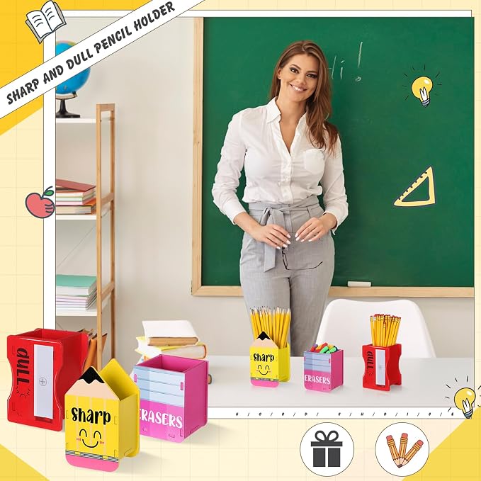 AmazingSpark 3 Pcs Pencil Shaped Holder Sharp and Eraser and Dull Holder Wooden Dispenser Pencil Storage Organizer for Back to School Management Organization (Bright,Erasers)
