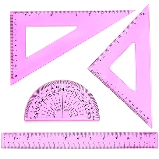 Coopay 12 Inch Math Geometry Tool Plastic Ruler Square Set Includes Straight Ruler, Triangles, Protractor for Student School Office Supplies (Pinkish-Purple)