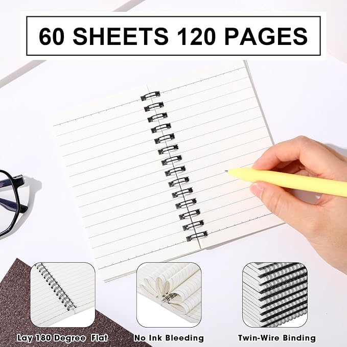 Jutom 18 Pcs Small Spiral Notebooks Memo Pads 3x5 Bulk Small Pocket Notepads Back to School Supplies Mini Notebook with Lined Mini Journals for Office & Work, 120 Pages (Glitter Black,Grey,Coffee)