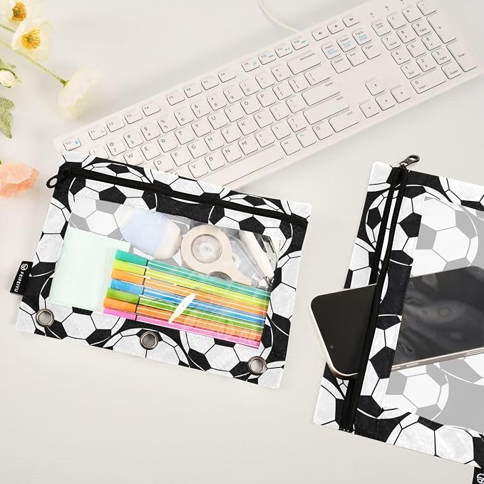 Soccer Pencil Pouches for 3 Ring Binder, Zipper Binder Pencil Case, 2 Pack Clear Window Case Bag for Office Organizers