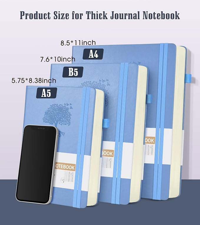 Ansopu Lined Journal Notebook, 365 Pages B5 Large Hardcover Leather Journal for Women Men, College Ruled, 100Gsm Thick Paper (7.6'' X 10'' Blue)