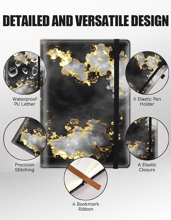 Hardcover Executive Notebooks, A5 PU Leather Lined Journal Notebook, 200 Pages Thick Paper Subject Notebooks for School,Work,Home Writing Business Notebook,Gilded Grayscale Nebula Marble
