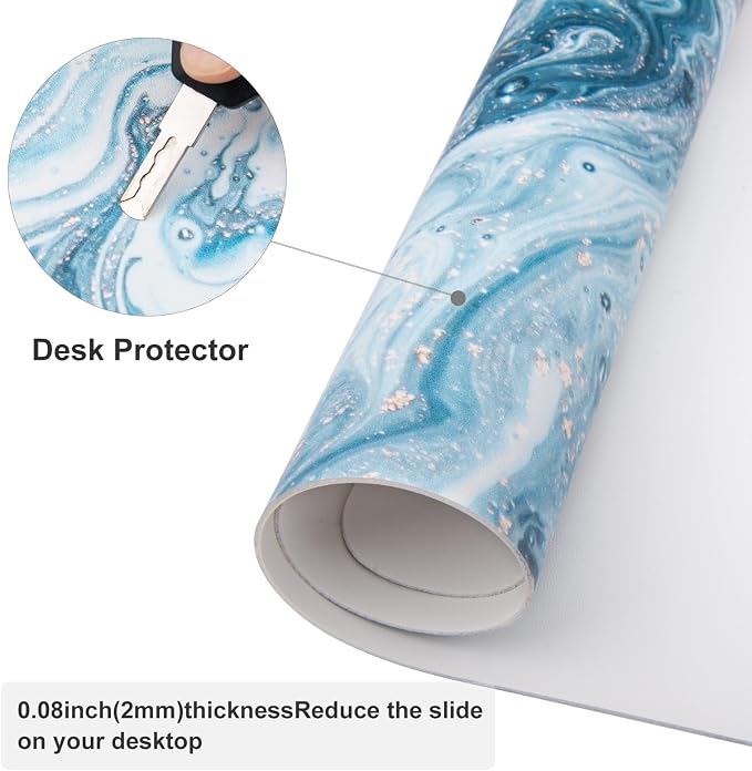 Colorful Star Blue Marble Leather Desk Mat, 31.5" x 11.8" | Waterproof Large Keyboard and Gaming Mouse Pads, Non-Slip Blotter Writing Pad, Desk Decor Accessories for Women & Men