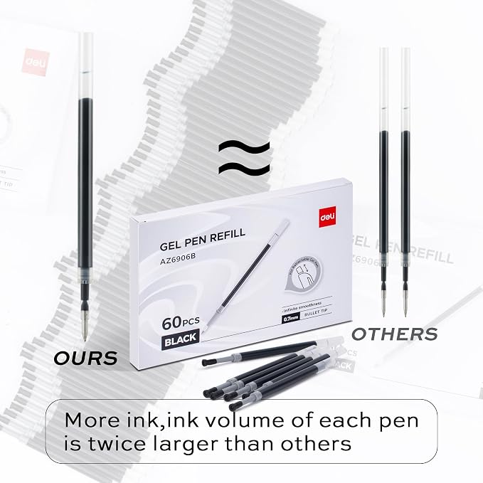 deli Gel Pen Refills, 60 Pcs Retractable Pen Refills Black Ink, Medium Point 0.7mm, Smooth Writing, Fast Dry, No Bleed for Journaling Note Taking, Home School Office Supplies