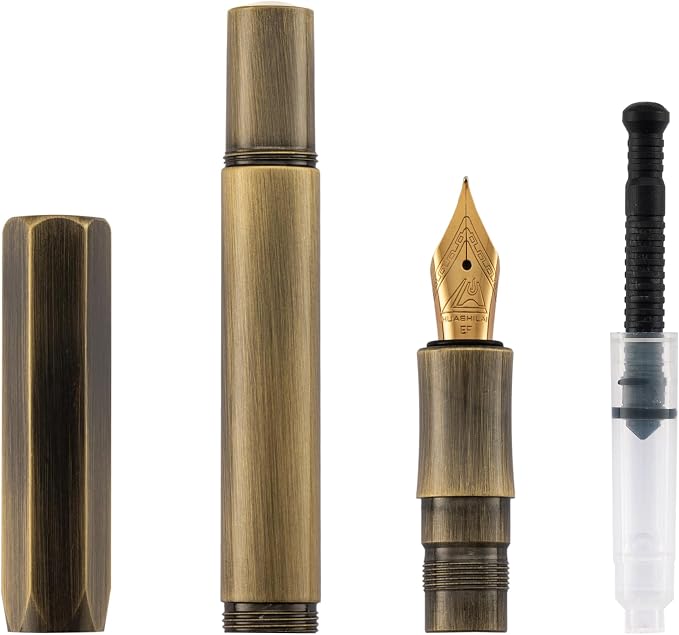 Luxury Solid Brass Fountain Pen Set for Writing & Calligraphy - Choose Antique or Matte Black Finish. Includes 10 Ink Cartridges & Premium Gift Box (Extra Fine Nib, Antique Brass)
