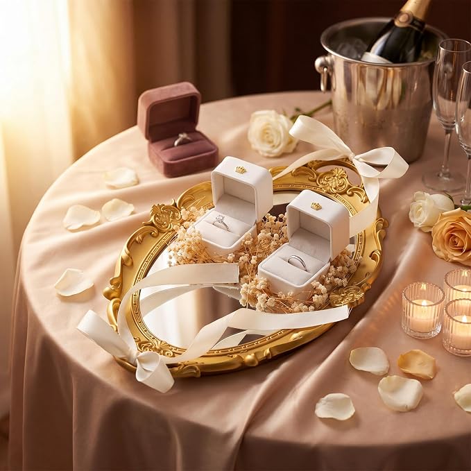 Liliaafar Gold Wedding Mirror Tray with 2 Pcs Ring Boxes Mirrors Flat Circle Plates with Floral Ribbon Design Trays for Table Centerpieces Wedding Party Centerpieces