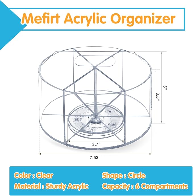 Mefirt Acrylic Pen Holder, 360 Degree Rotating Pen Organizer, Rotating Desk Acrylic Office Organizer with 6 Compartments, Marker Organizer for Kid, Crayon Caddy School Art Supply Storage Organizer