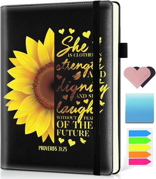 Hardcover Executive Notebooks, A5 PU Leather Lined Journal Notebook, 200 Pages Thick Paper Subject Notebooks for School,Work,Home Writing Business Notebook, Diary Book ，Sunflower Christian Bible