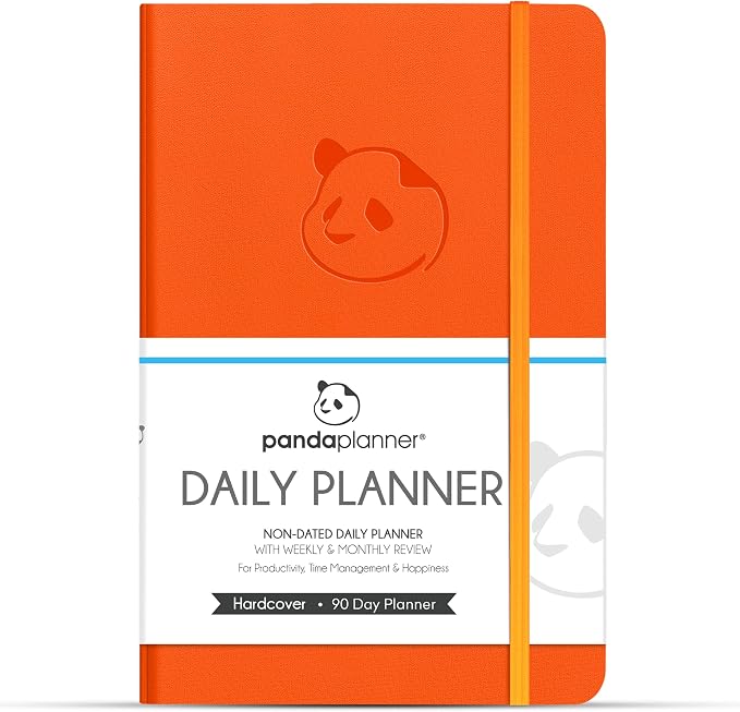 Panda Planner Classic A5 Undated Daily Planner 2026-2027, 8.25x5.75 Orange | Hourly schedule, to do list, habit tracker, gratitude journal, quarterly layout, 100 GSM paper