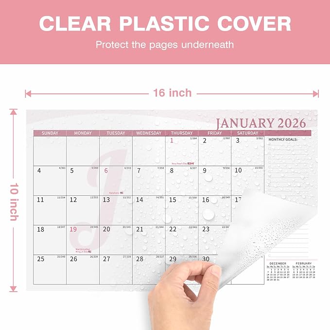 Ospelelf Desk Calendar Refill 2026-2027 Large 10"x16" Monthly Planner with Protective Cover 18 Months January 2026 - June 2027 Pink
