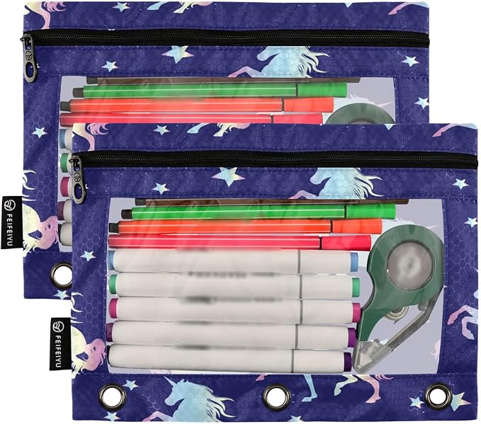 Magic Horse Pencil Pouch Fits standard 3-ring binders, Zipper Binder Pencil Bag with Clear Window for Class Office 2 Pack
