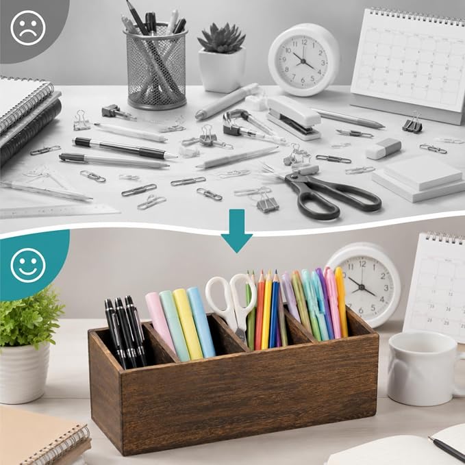 Dicunoy 2 Pack Wooden Pencil Holder for Desk, Rustic Wood Remote Control Holder Caddys, Retro Table Organizer with 4 Compartments for Art Supplies, Pen, Home, Office, School Classroom