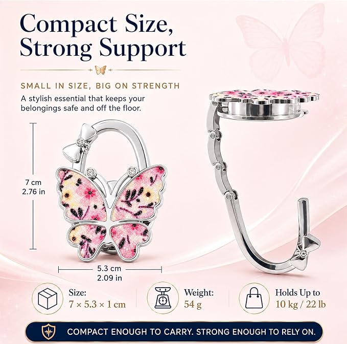 Purse Hook for Table, Foldable Handbag Hanger for Women, Portable Bag Holder with Non-Slip Base, Cute Flower Pink Glitter Butterfly Purse Table Hook for Restaurant Office Travel Gift