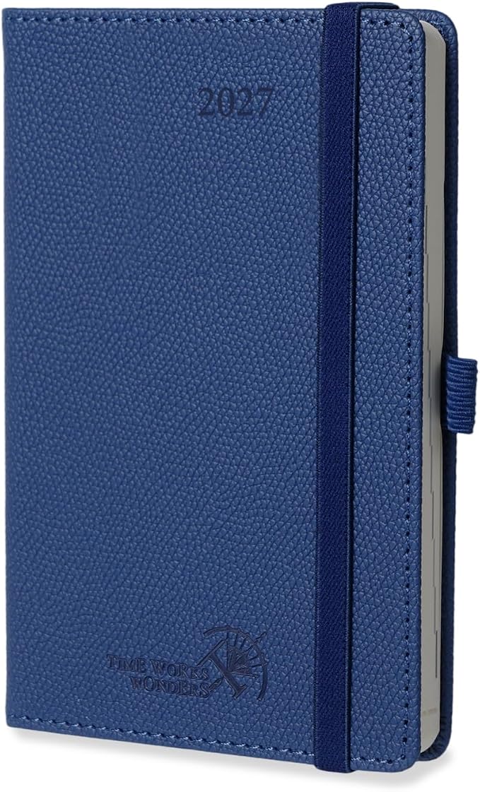 POPRUN 2027 Pocket Planner Weekly and Monthly (Purse Size-4'' x 6.25'') | Pocket Daily Calendar (Jan 2027 - Dec 2027) Appointment Book with Lined Sections, Leather Hardcover, 100GSM - Navy Blue