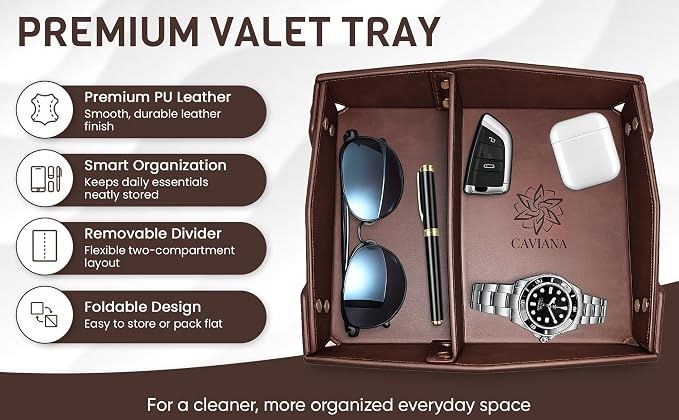 Valet Tray Organizer for Men & Women - PU Leather Catch All Tray with Removable Divider - EDC Storage for Keys, Watch, Phone - Nightstand, Dresser & Desk Organizer - Midnight Espresso