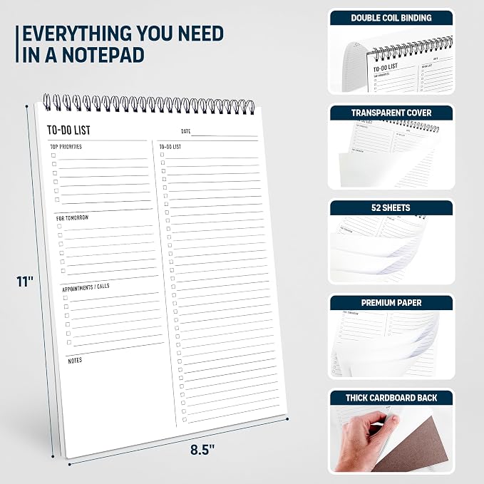 To Do List Notepad 8.5x11" - Large Size, 52 Sheets - Daily Planner Notebook | with Multiple Functional Sections - Spiral Bound Task Checklist Organizer Agenda Pad for Work, Note & Todo List Organization