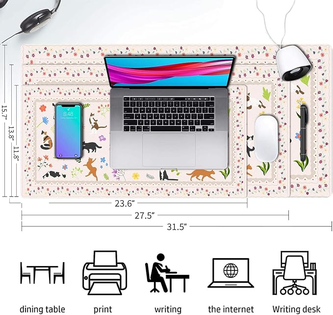 Cute Cats Large Mouse Pad, Desk Matt for Desktop, PU Leather Waterproof Desk Pad, Computer PC Laptop Protector Gaming Mouse Pads for Cat Lover Gifts (31.5" x 15.7")