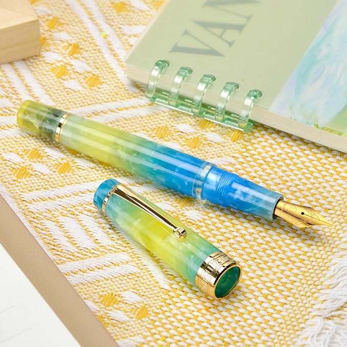 Asvine P20 Piston Fountain Pen, Stub Nib 1.1mm Calligraphy Art Drawing Gradual Yellow Acrylic with Case Set