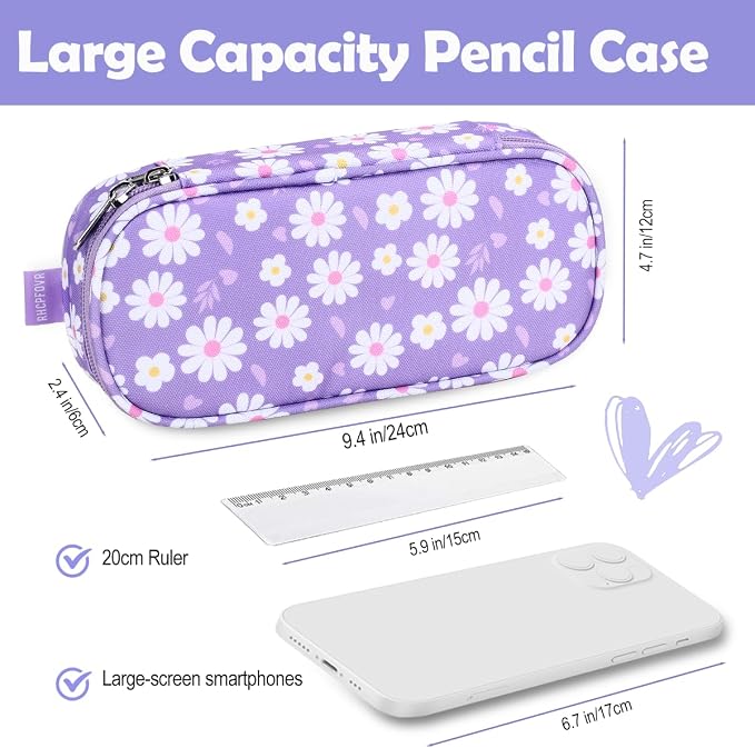 RHCPFOVR Kids Pencil Case for Girls-Soft Zipper Large Capacity Pencil Pouch for Girls Pencil Case for School Pencil Bag for Toddler (Purple Flower)