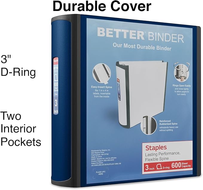 Staples 3‑Inch 3‑Ring Better Binder, Durable View Binder for Office & School Organization, Navy Blue, 2‑Pack