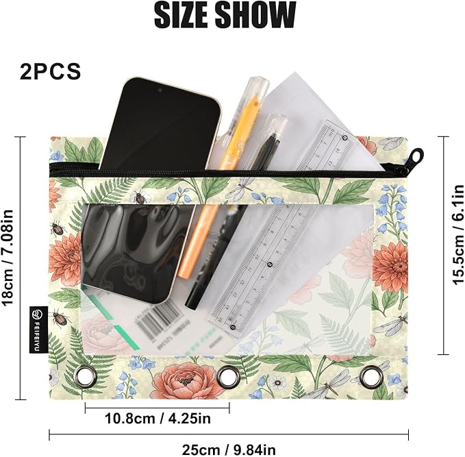 Gredecor 3 Ring Binder Pencil Pouch, Vintage Botanical Floral Zippered Pen Case Pouches with Clear Window, 2 Pack Stylish Office & School Supplie