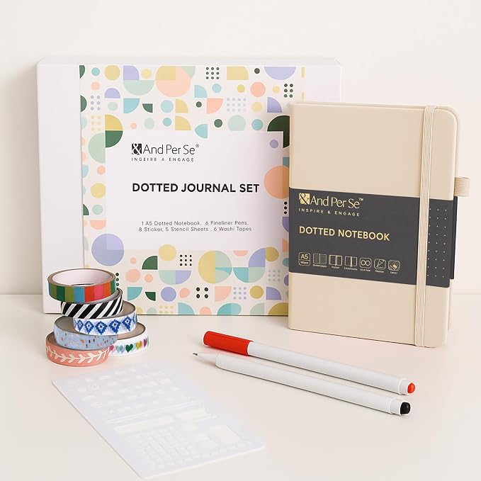 &And Per Se Dotted Journal Kit, A5 Hardcover Dot Grid Journal Notebook Set for Beginners with Journaling Supplies Stencils, Stickers, Washi Tapes & Colored Pens Accessories (Light Apricot)