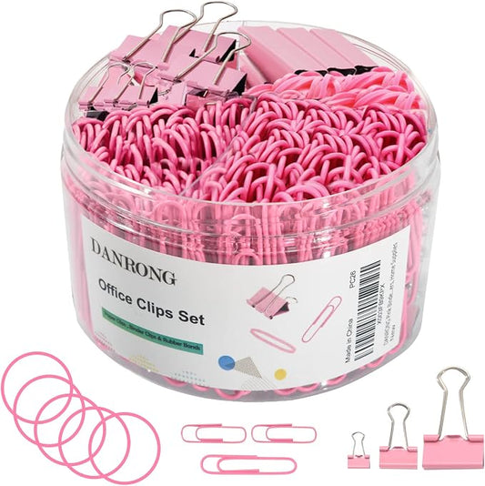 Pink Binder Clips Paper Clips,380 PCS Assorted Sizes Paperclips Paper Clamps Rubber Bands for Files, Papers, Home Supplies (Pink)