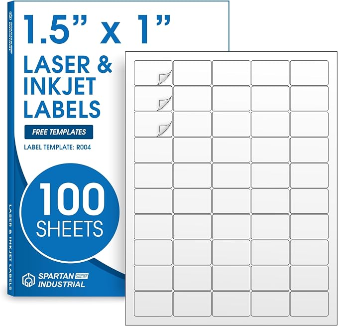 1.5" X 1" Matte White Printable Address Labels (100 Sheets, 5000 Labels) | Mailing Labels and Barcode Stickers for Laser & Inkjet Printers - Spartan Industrial Template R004